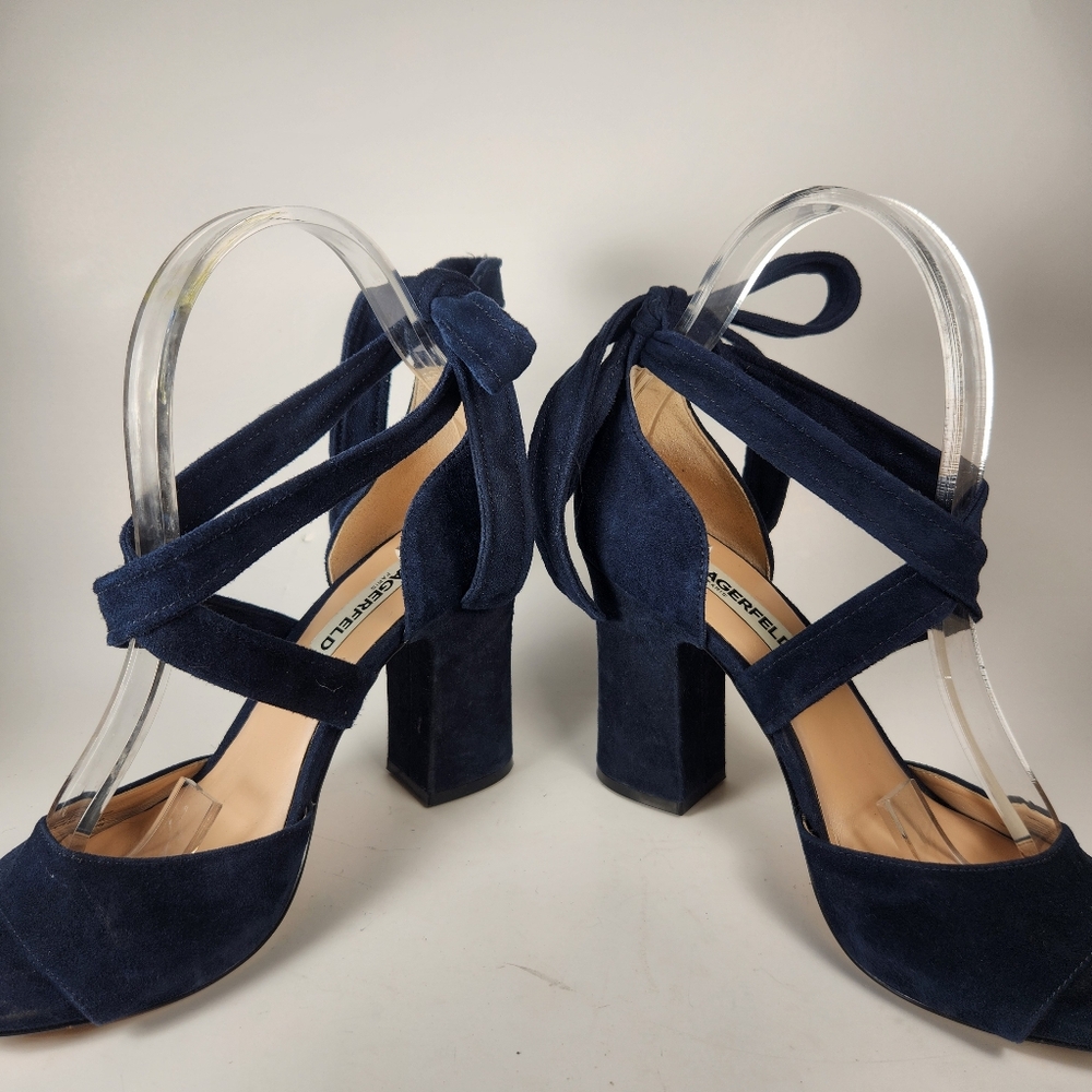 KARL LAGERFIELD Racha Shoe Womens 6 EU 36 Navy Block Heel Suede Event Date Nite - Picture 8 of 12